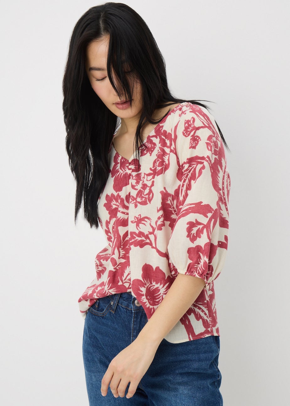 Raspberry Floral V-Neck Tea Top