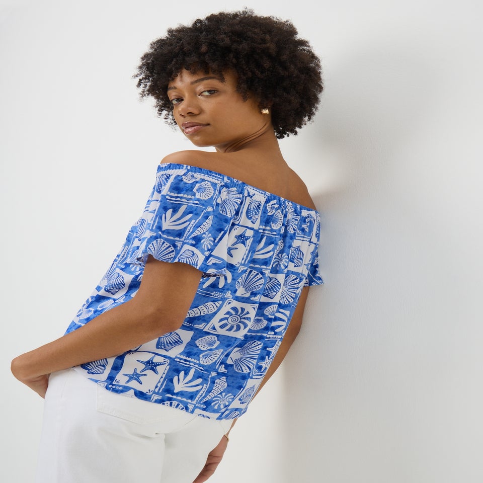 Online Exclusive Blue Beach Print Bardot Top