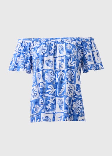 Online Exclusive Blue Beach Print Bardot Top
