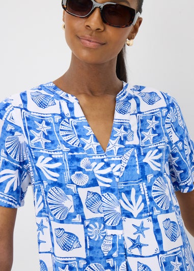 Blue Shell Pattern Popover Tunic Dress