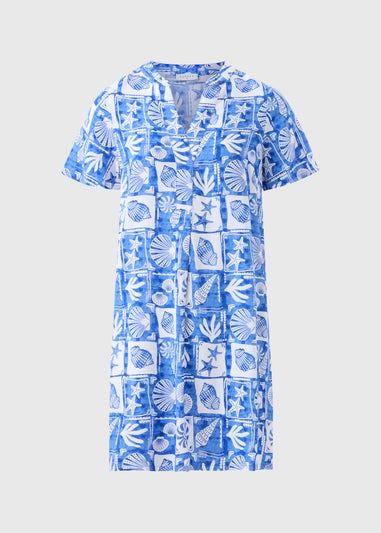 Blue Shell Pattern Popover Tunic Dress