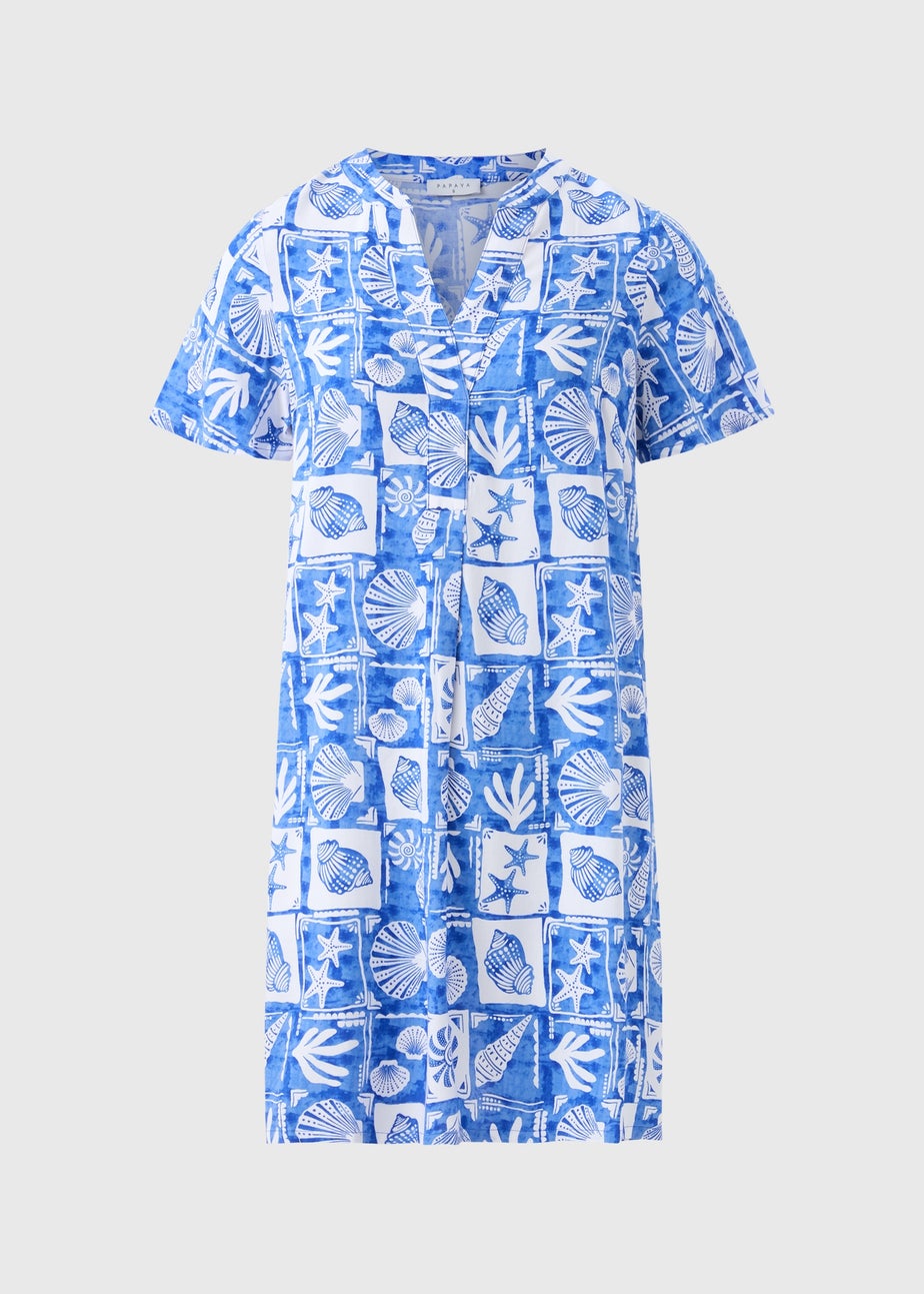 Blue Shell Pattern Popover Tunic Dress