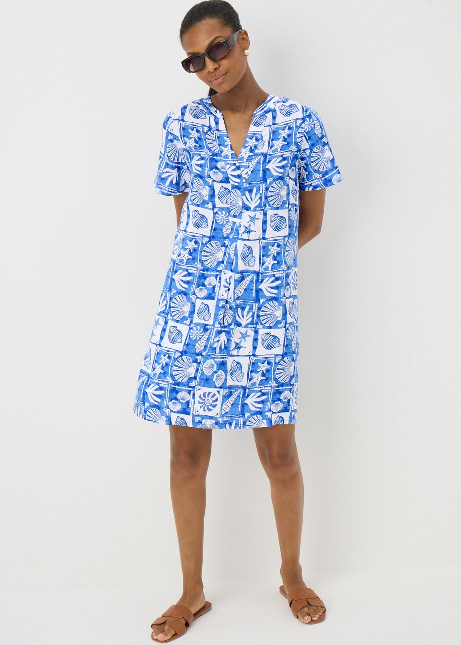Blue Shell Pattern Popover Tunic Dress