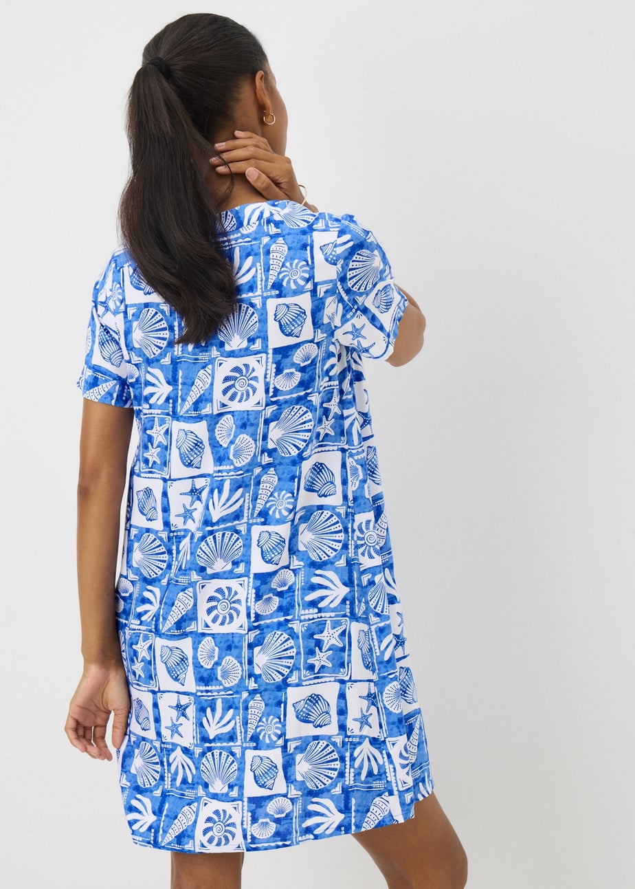 Blue Shell Pattern Popover Tunic Dress