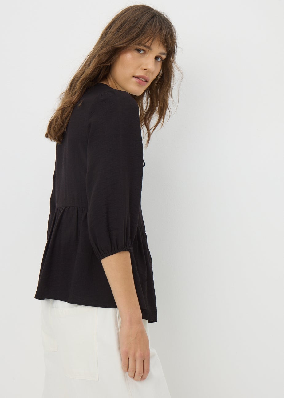 Black Tie Neck Peplum Blouse