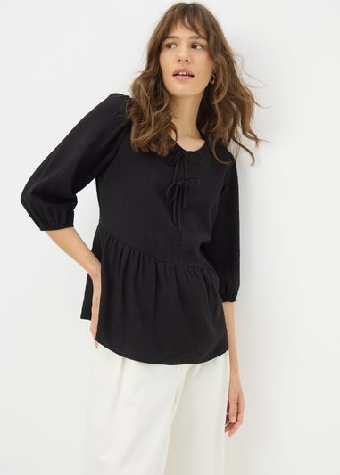Black Tie Neck Peplum Blouse