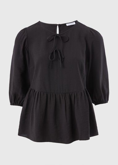 Black Tie Neck Peplum Blouse