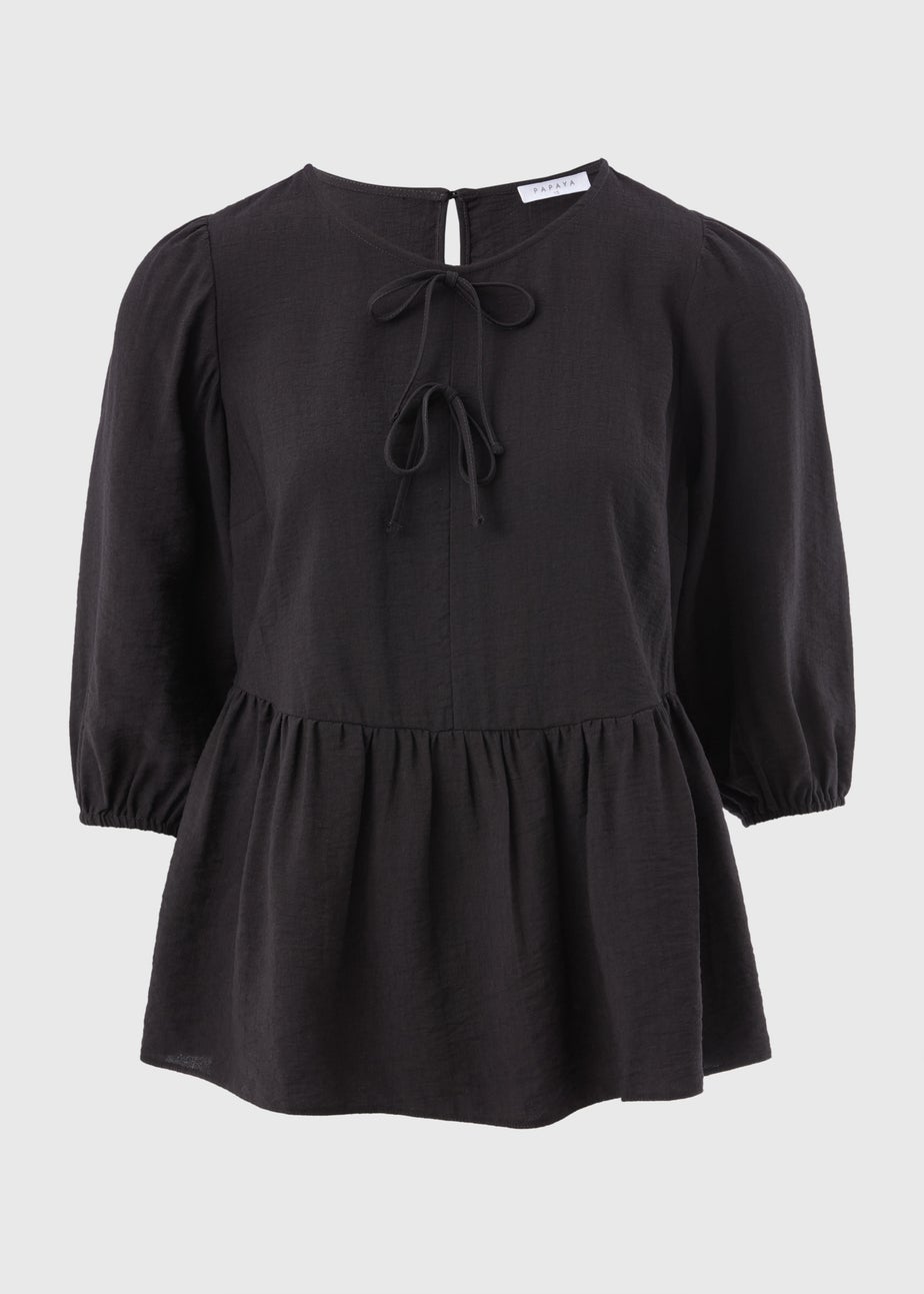 Black Tie Neck Peplum Blouse