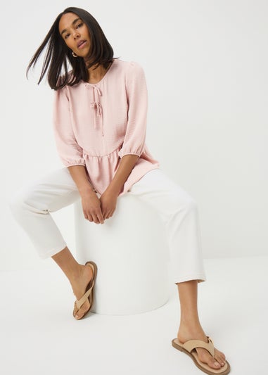 Pink Tie Neck Peplum Blouse