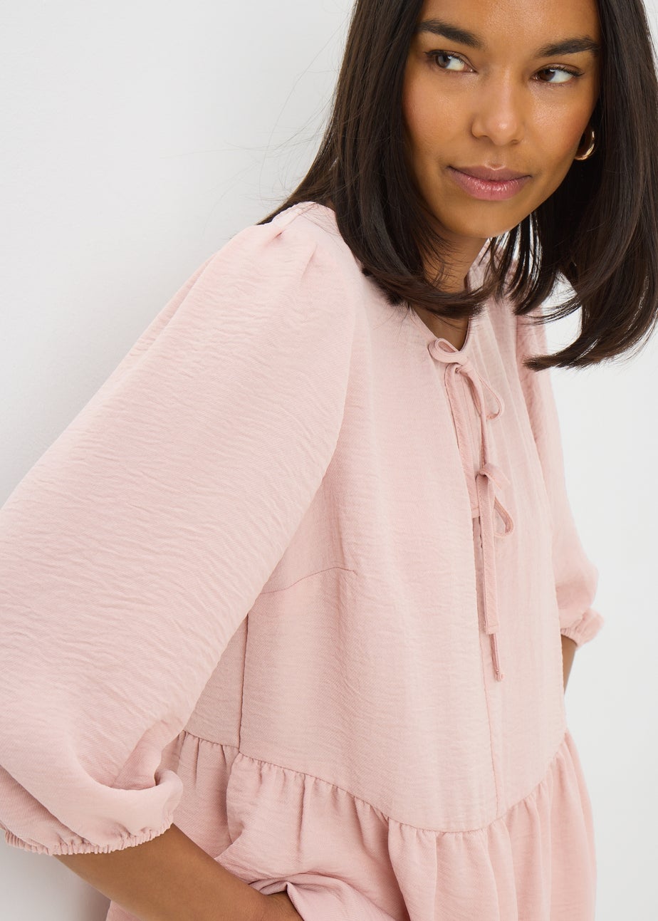 Pink Tie Neck Peplum Blouse