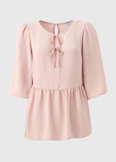 Pink Tie Neck Peplum Blouse