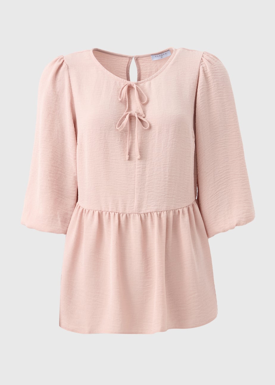 Pink Tie Neck Peplum Blouse