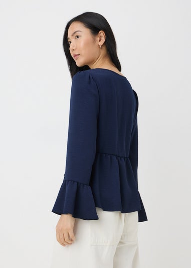 Navy V-Neck Ruffle Blouse