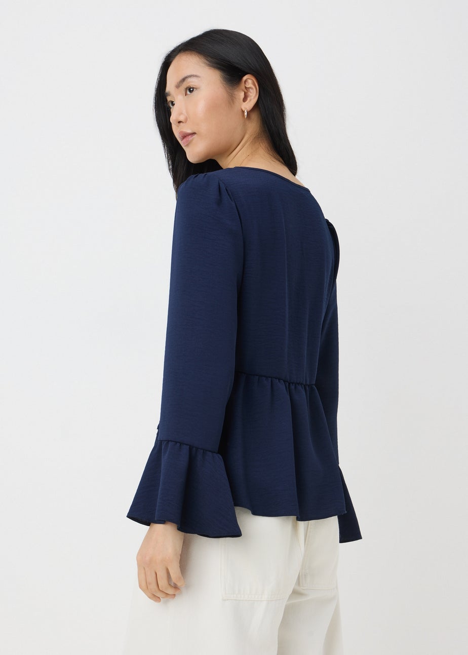 Navy V-Neck Ruffle Blouse