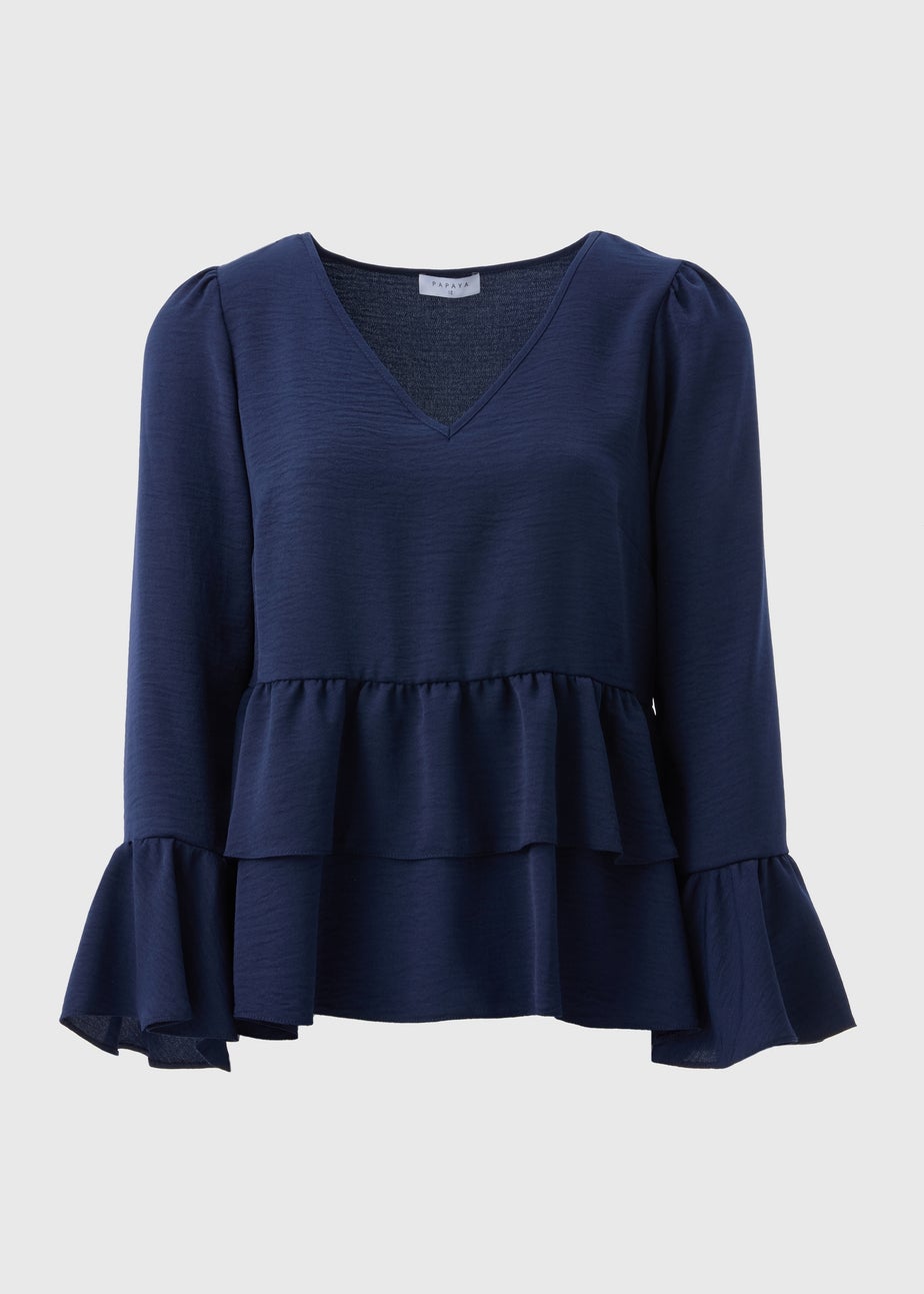 Navy V-Neck Ruffle Blouse