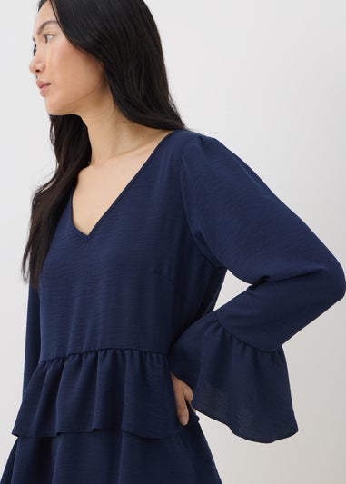 Navy V-Neck Ruffle Blouse