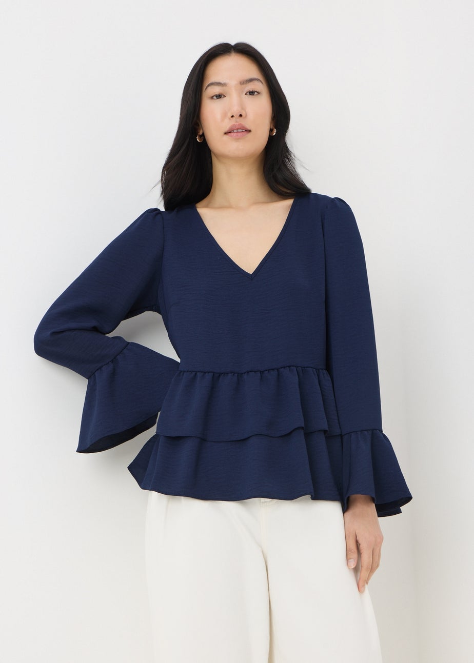Navy V-Neck Ruffle Blouse