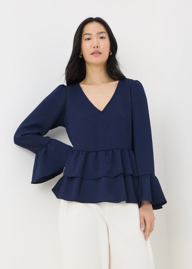 Navy V-Neck Ruffle Blouse