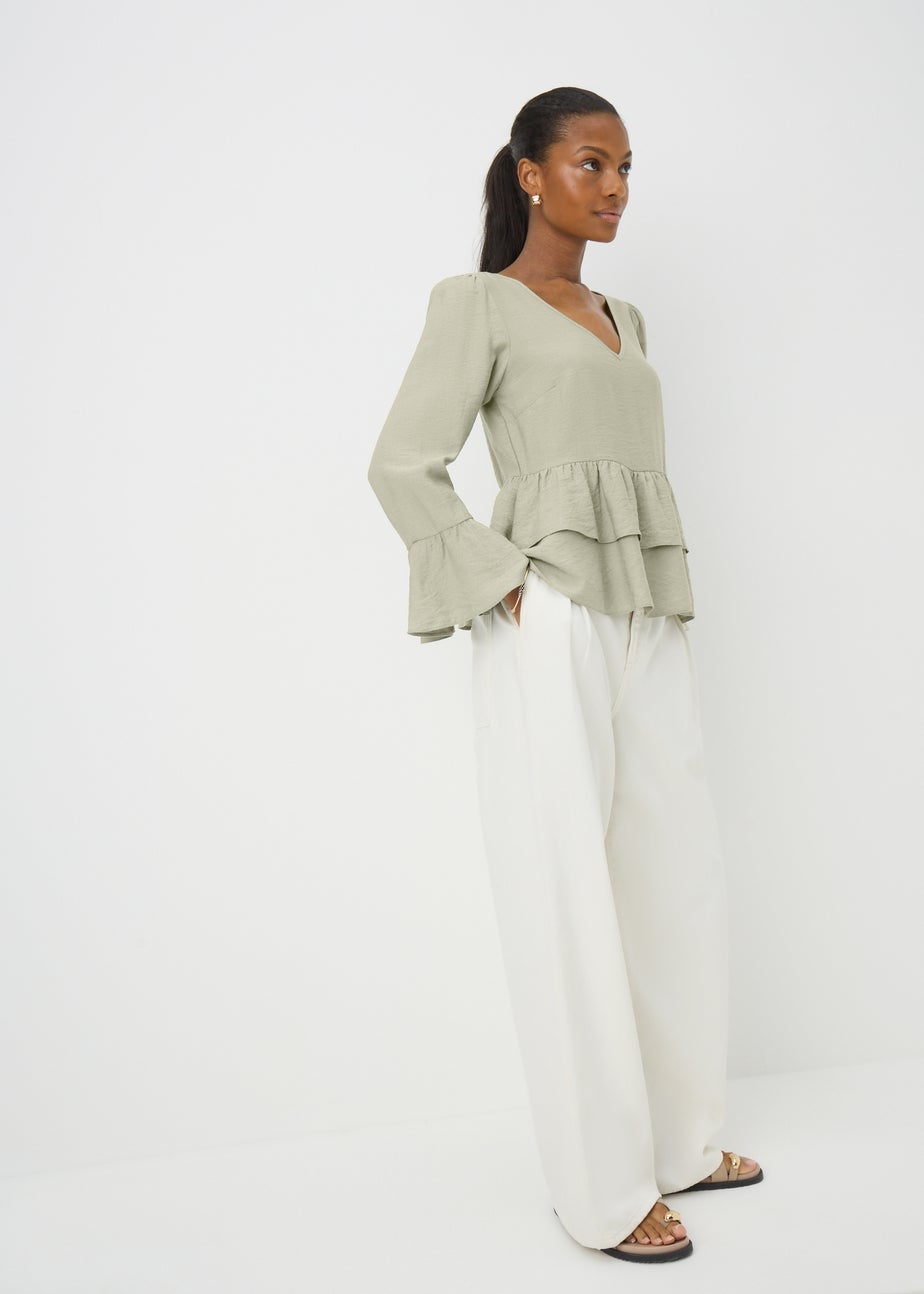 Sage V-Neck Ruffle Blouse