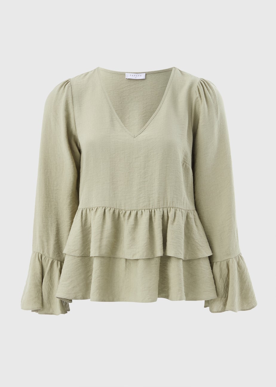 Sage V-Neck Ruffle Blouse