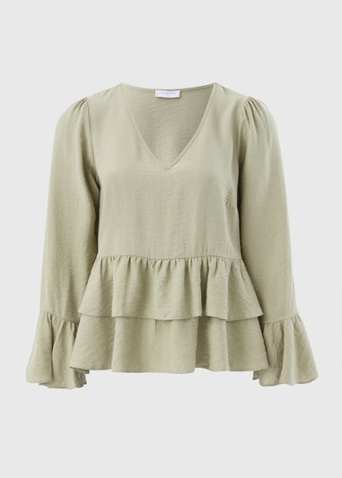 Sage V-Neck Ruffle Blouse