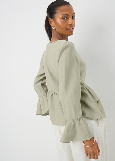 Sage V-Neck Ruffle Blouse
