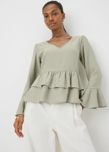 Sage V-Neck Ruffle Blouse