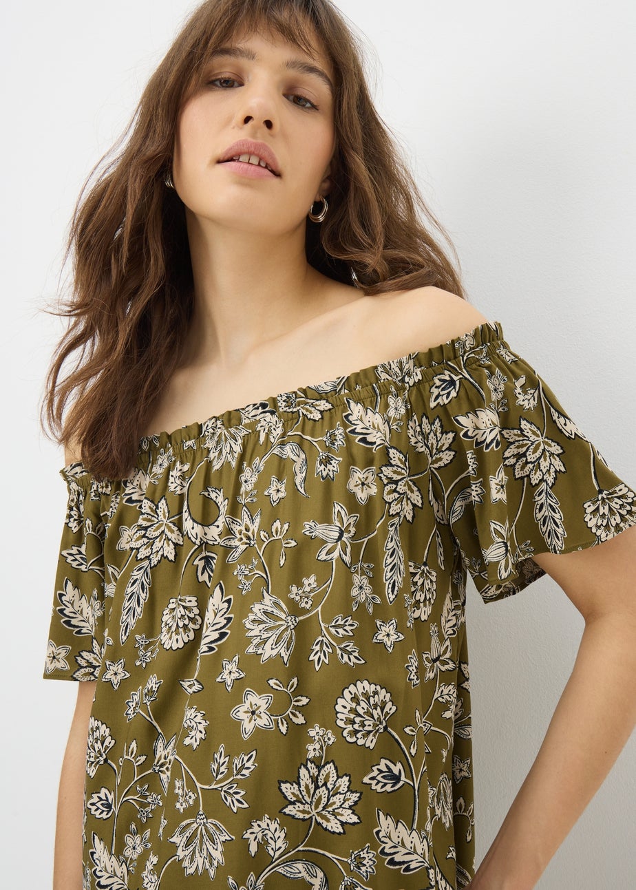 Green Paisley Print Bardot Mini Dress