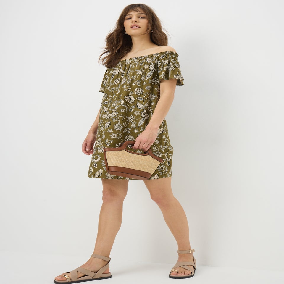 Green Paisley Print Bardot Mini Dress