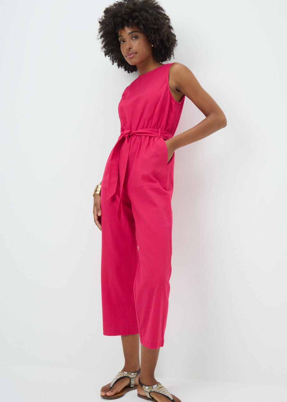Pink Linen Blend Tie Waist Jumpsuit
