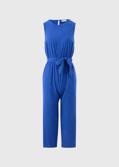Blue Linen Blend Tie Waist Jumpsuit
