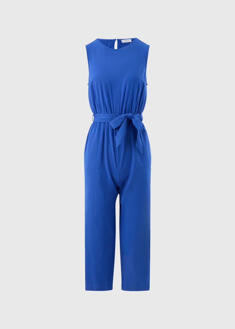 Blue Linen Blend Tie Waist Jumpsuit