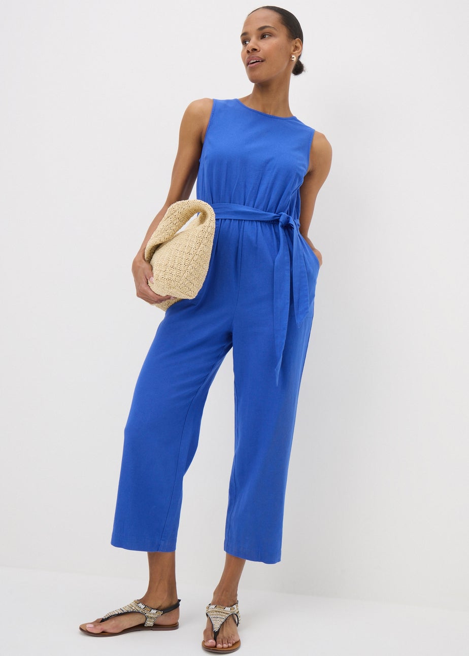 Blue Linen Blend Tie Waist Jumpsuit