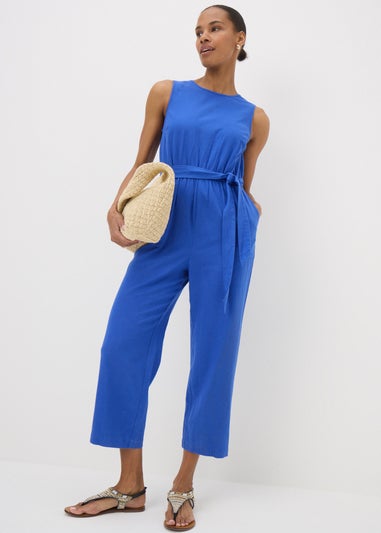 Blue Linen Blend Tie Waist Jumpsuit