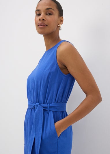 Blue Linen Blend Tie Waist Jumpsuit