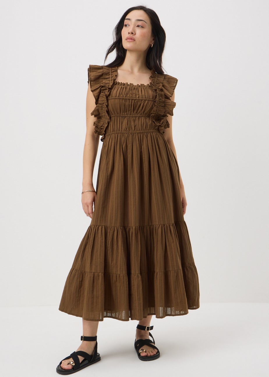 Brown Frill Midi Dress
