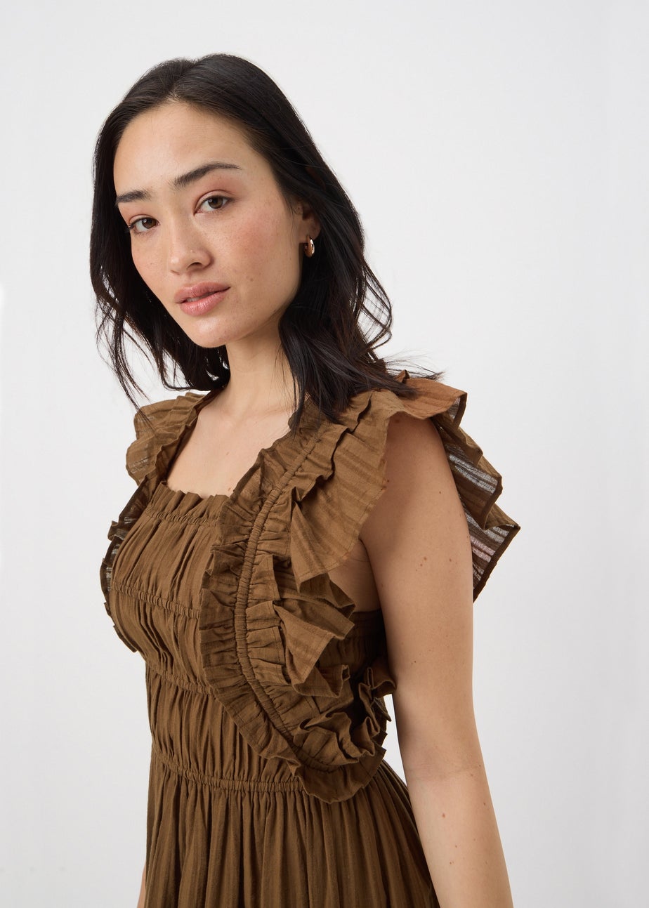 Brown Frill Midi Dress