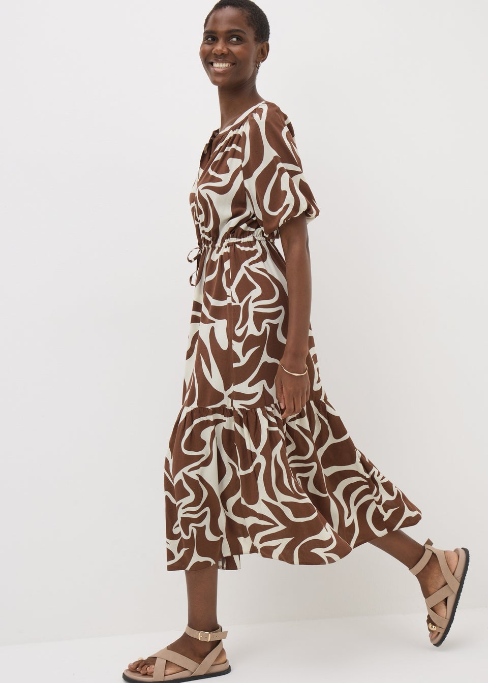 Brown Abstract Shirt Midi Dress