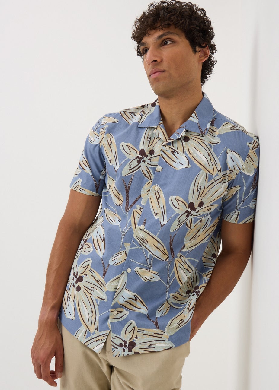 Blue Floral Print Slub Shirt