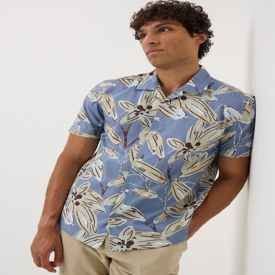 Blue Floral Print Slub Shirt