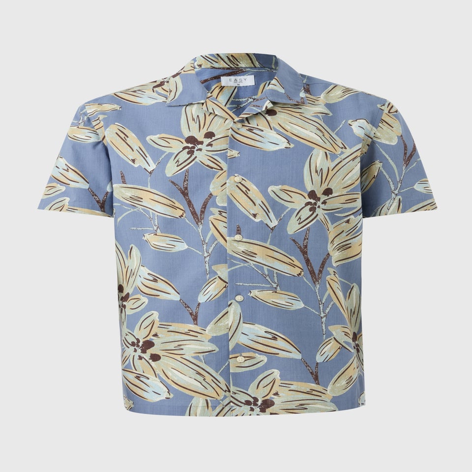 Blue Floral Print Slub Shirt