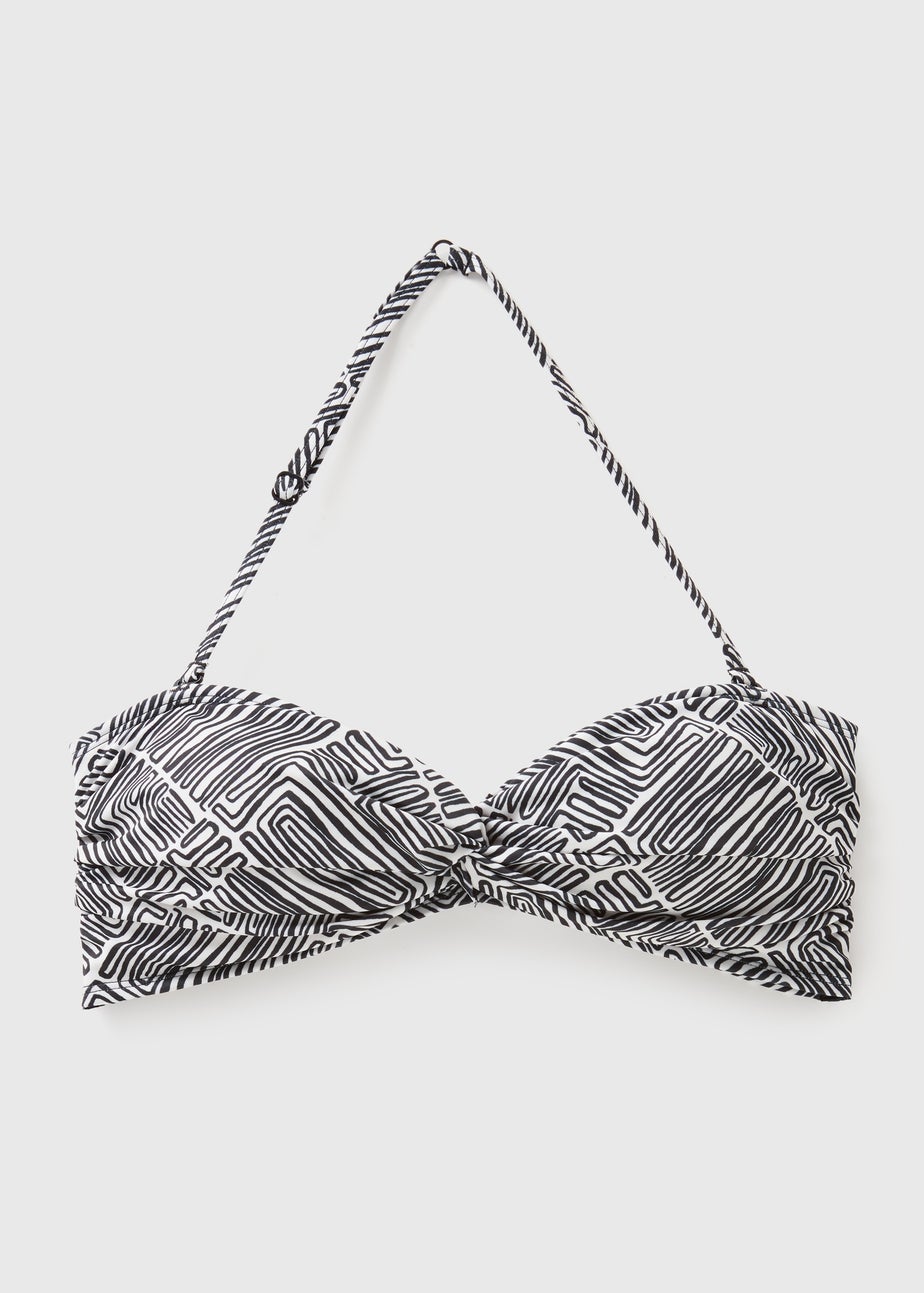 Black Mono Pattern Twist Bikini Top