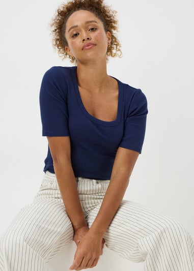 Navy Ribbed Scoop Neck Top