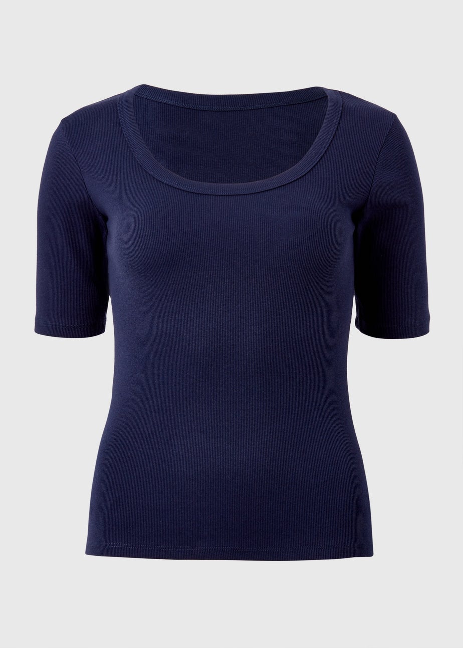 Navy Ribbed Scoop Neck Top