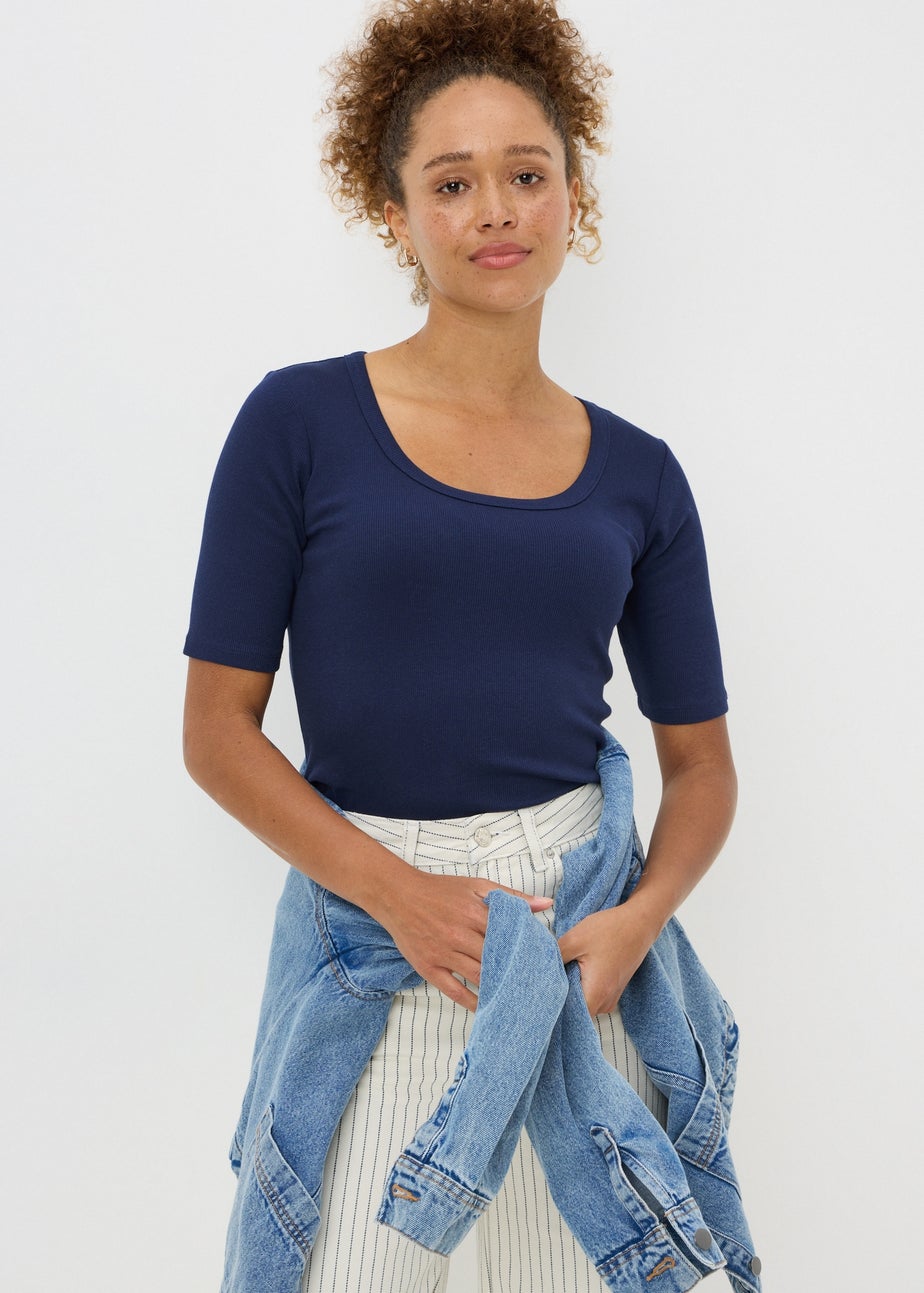 Navy Ribbed Scoop Neck Top