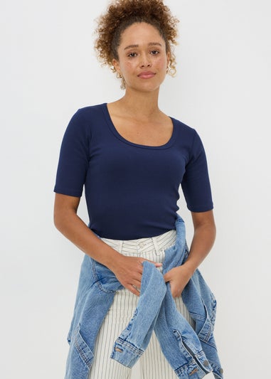 Navy Ribbed Scoop Neck Top