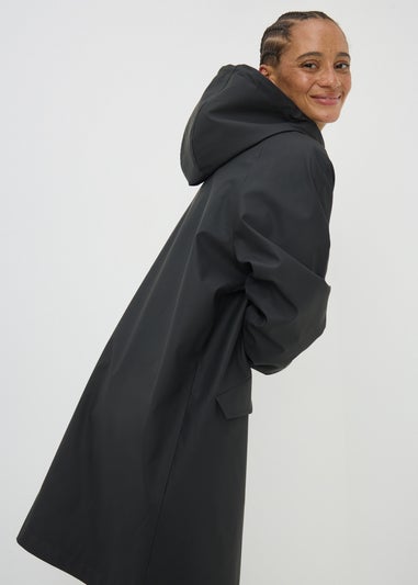 Black Rubberised Showerproof Parka Coat