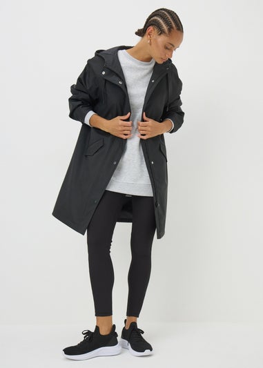 Black Rubberised Showerproof Parka Coat