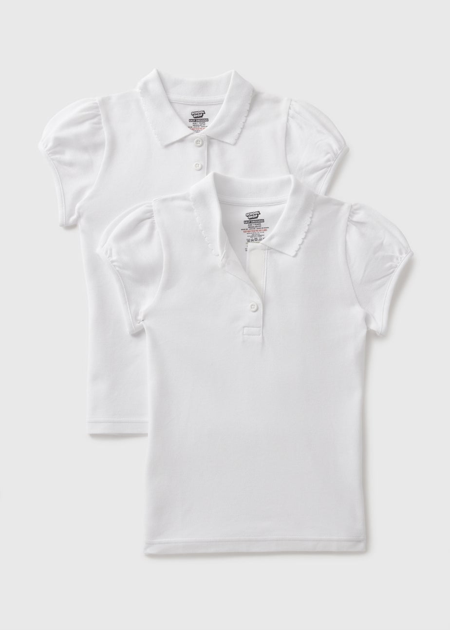 2 Pack Girls White Easy Dressing Polo Shirts (3-13yrs)