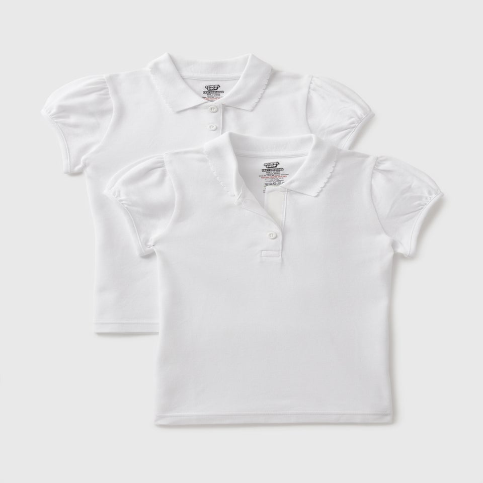 2 Pack Girls White Easy Dressing Polo Shirts (3-13yrs)